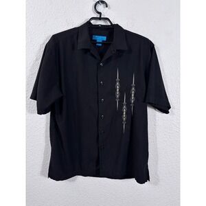 Paradise Blue Button Up Shirt Mens L Black Embroidered Camp Rockabilly